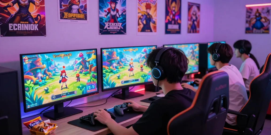 Engaged gamer playing an ecchi game in a vibrant fantasy setting.