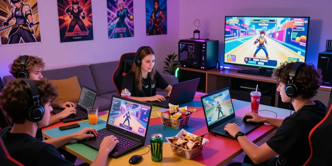 Players engaging with ecchi games in a lively gaming setup with snacks and vibrant decor.