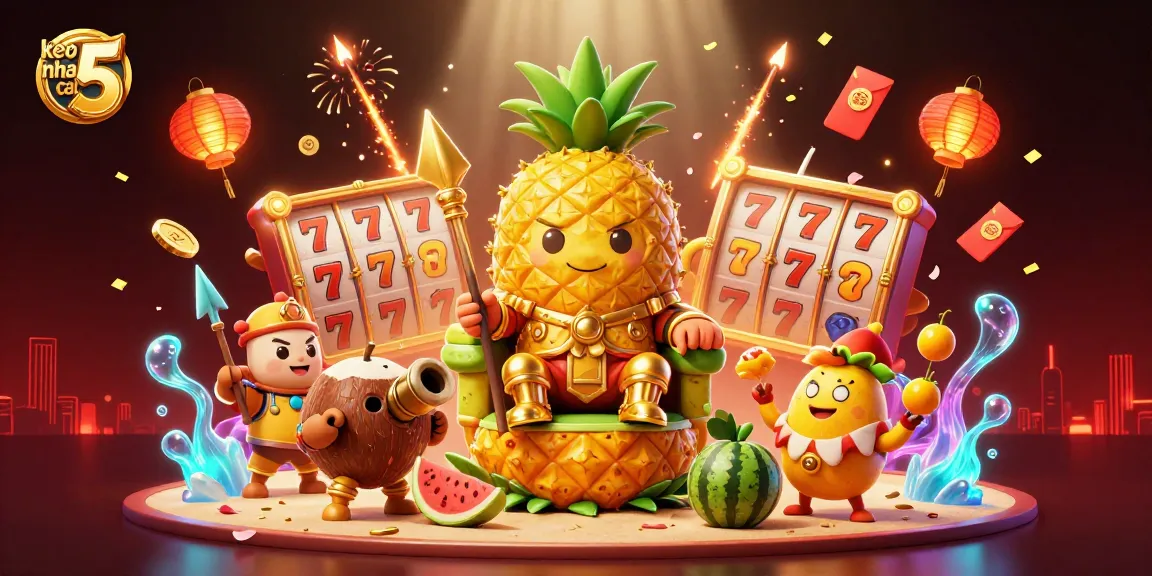 Engage with keo nha cai 5 as the golden pineapple king and vibrant characters celebrate at a tropical casino.