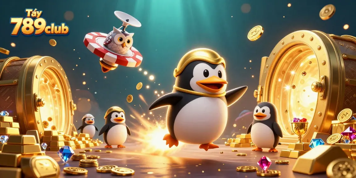 Tải 789club to experience thrilling online casino adventures with the golden penguin flying through a treasure-filled galaxy.
