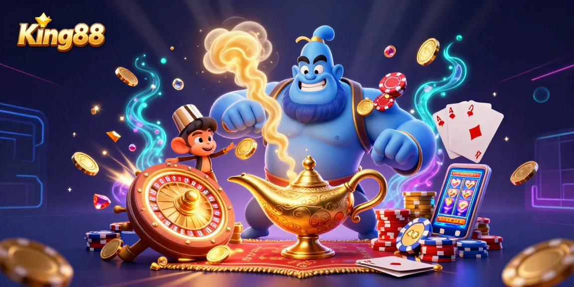 Win big at King88 with our vibrant illustration of an exciting casino scene featuring a genie, monkey, and magical elements.