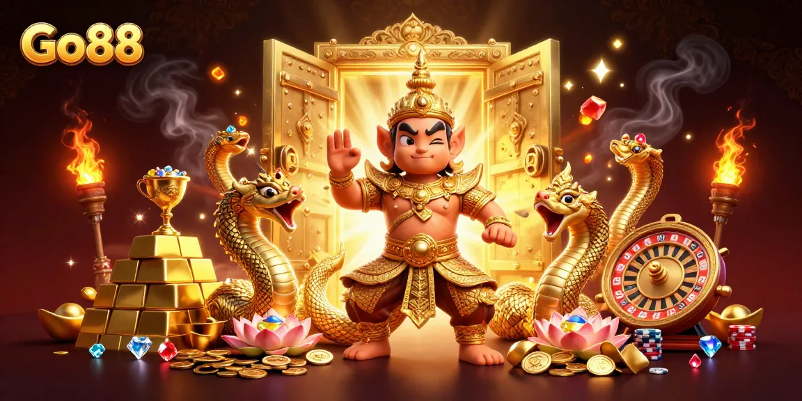 Engage with Go88’s rich casino experience featuring a guardian and golden treasures, surrounded by lively gaming elements.