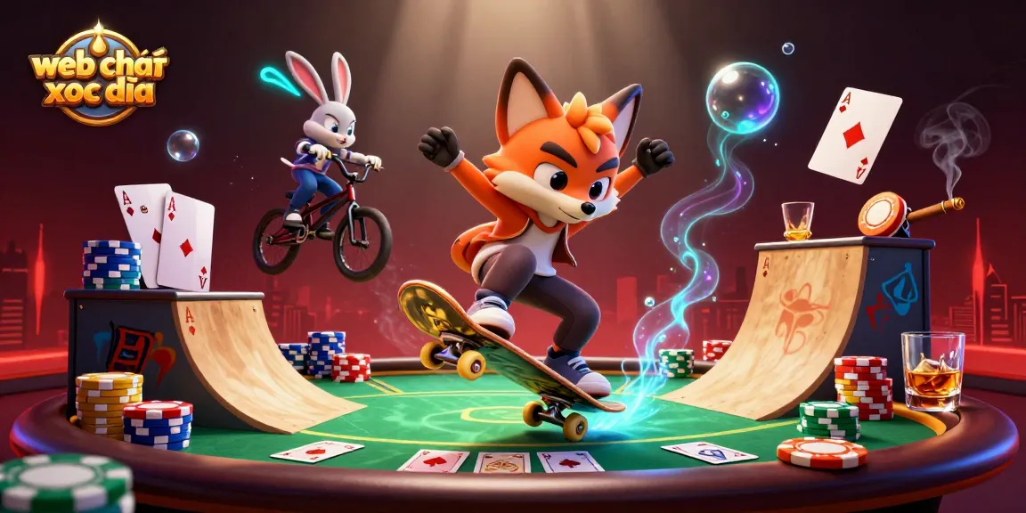 Experience web chơi xóc đĩa with vibrant casino illustration of a fox and rabbit in a dynamic gaming scene.