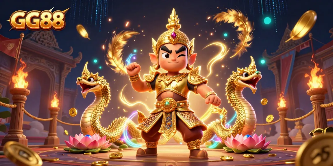 Experience excitement at GG88 with a vibrant 3D casino illustration featuring a Thai guardian and dynamic elements.