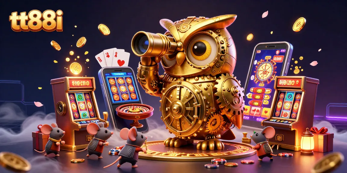 Experience the thrill of tt88i with a vibrant casino scene featuring a clockwork owl and dynamic gaming elements.