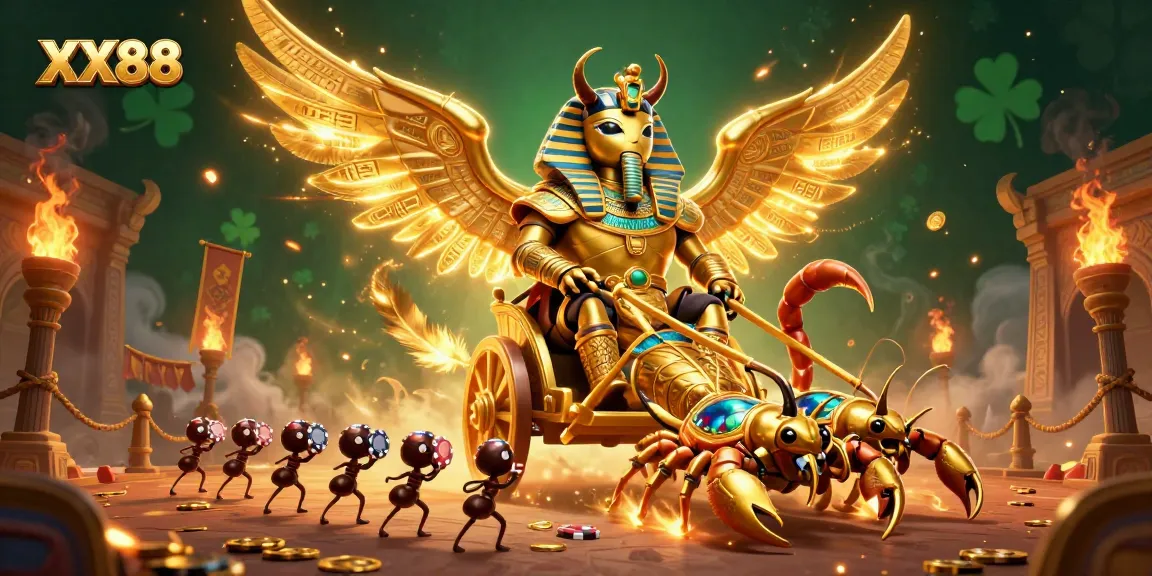 Experience thrilling gameplay at XX88 with a dynamic 3D cartoon illustration featuring a golden scarab and scorpions.