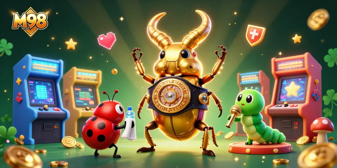 M98 showcases a vibrant casino scene with a boxing beetle, ladybug corner-man, and colorful elements.