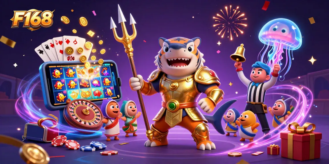 Experience thrilling slots at F168 featuring a vibrant underwater casino scene with lively characters and game elements.