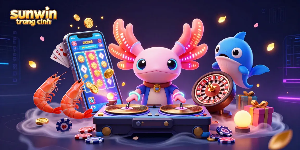 Engage with the vibrant sunwin trang chính casino scene featuring an axolotl DJ and immersive gaming elements.