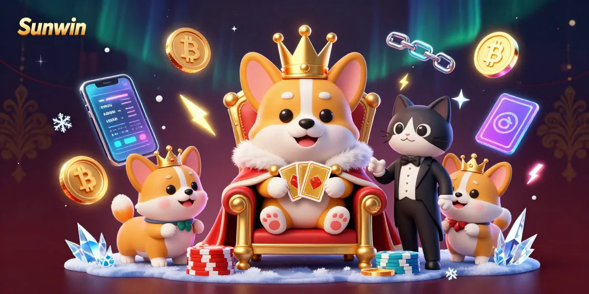 Sunwin showcases a royal corgi on a throne with vibrant casino elements and crypto coins.